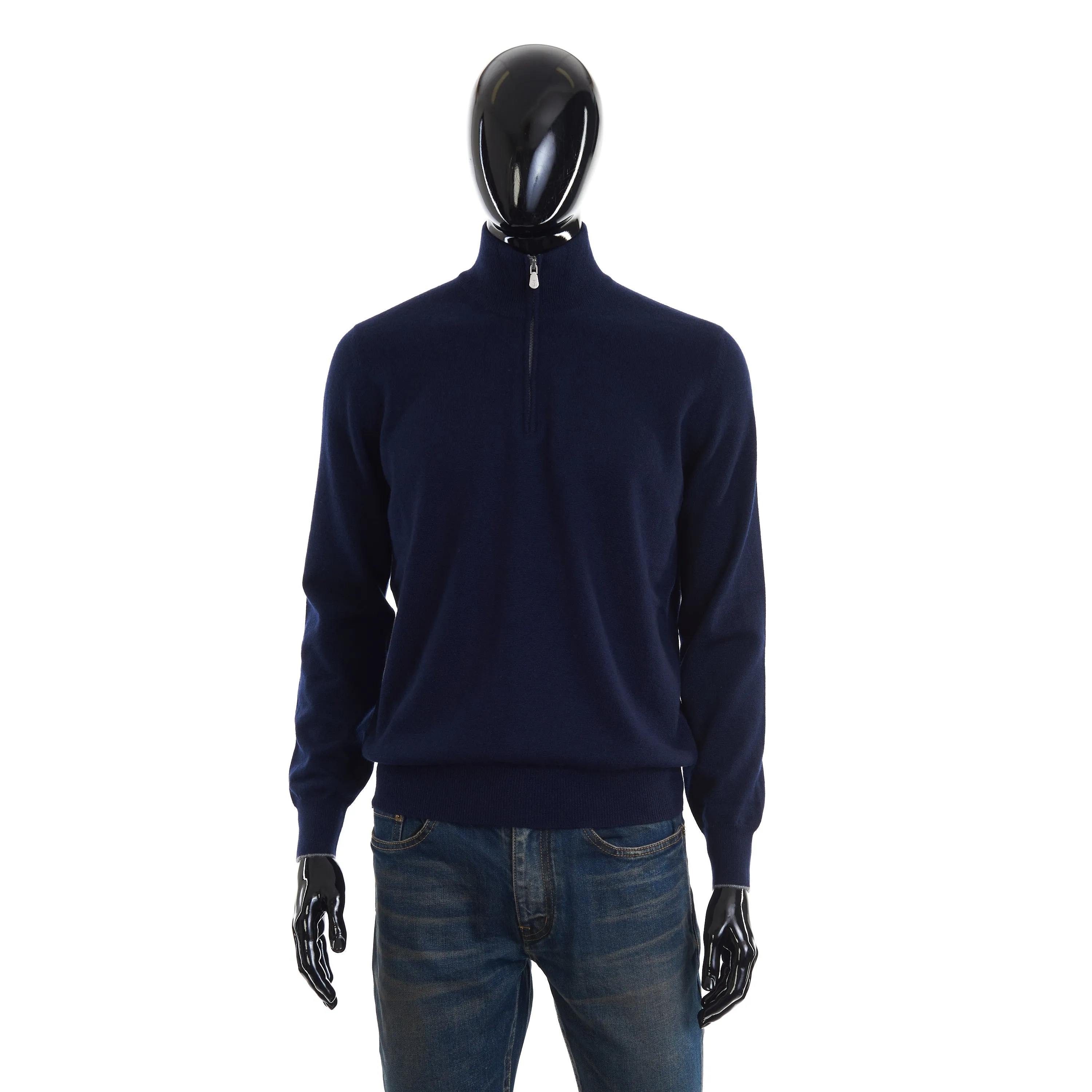 Navy Blue Cashmere Turtleneck Sweater With Zipper