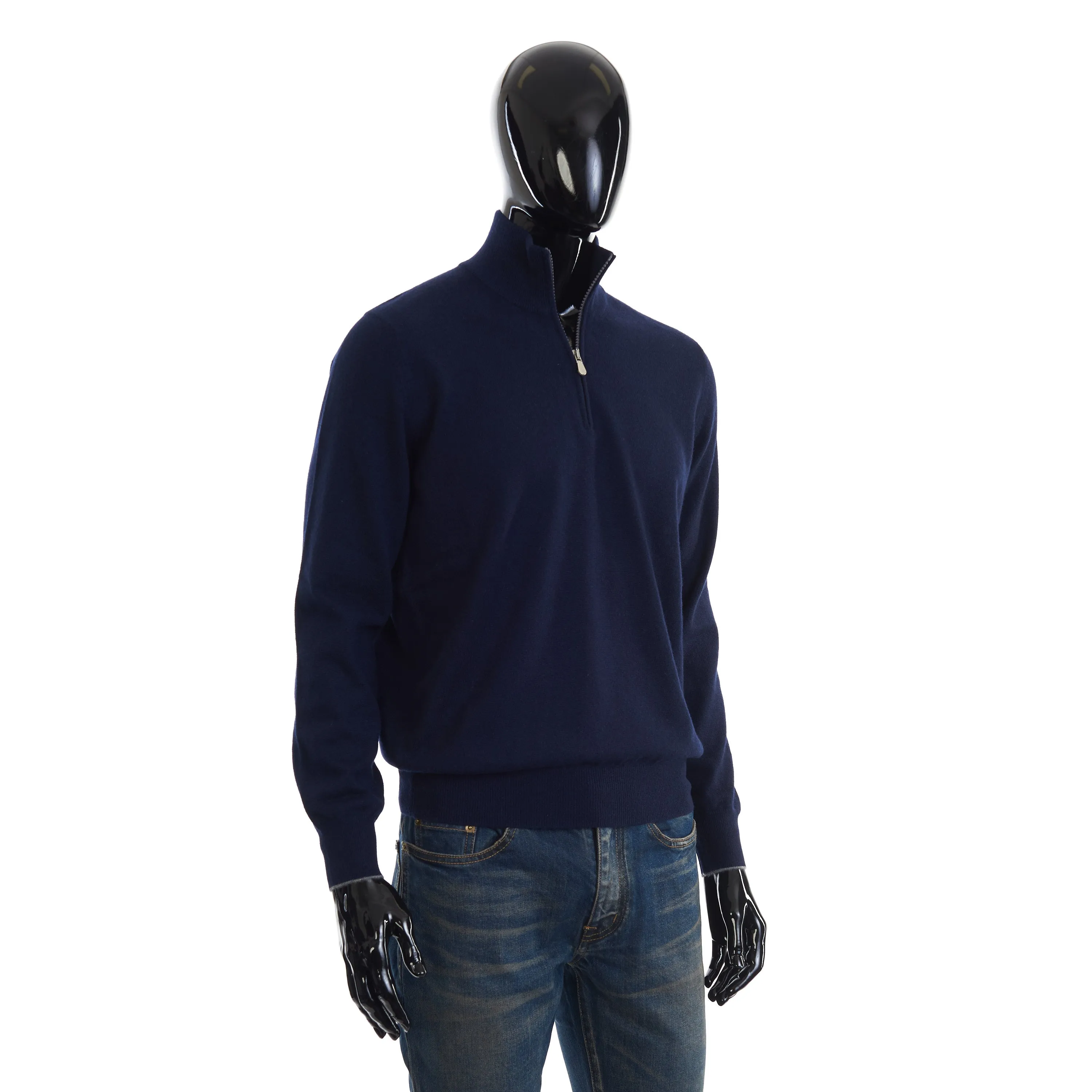 Navy Blue Cashmere Turtleneck Sweater With Zipper