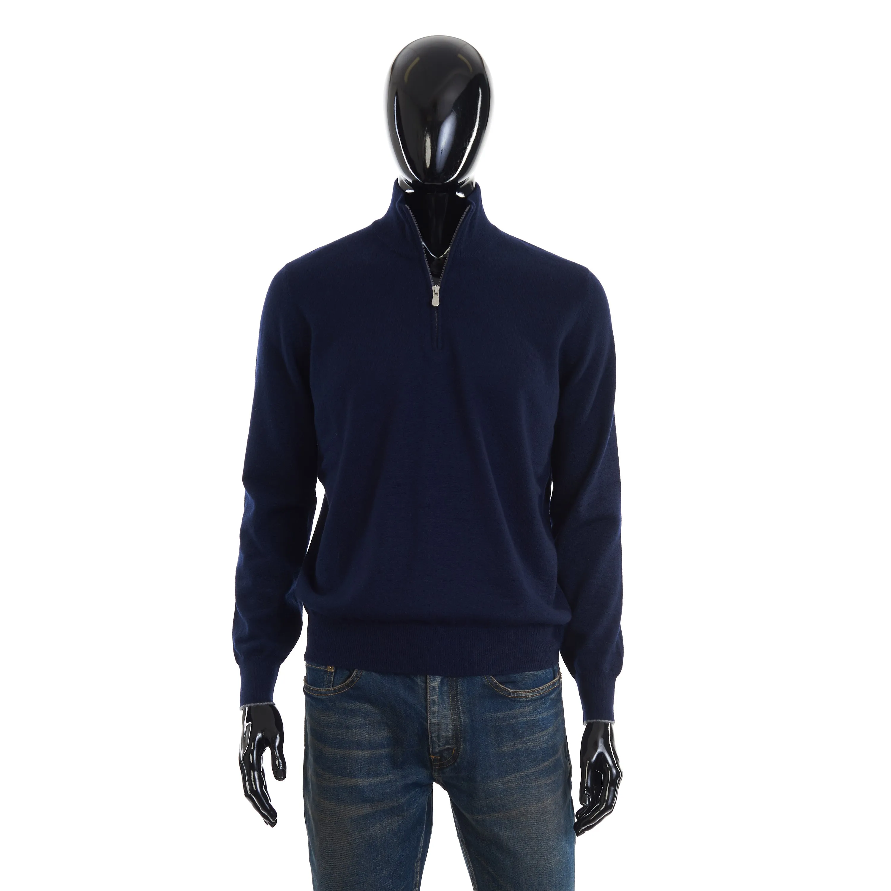 Navy Blue Cashmere Turtleneck Sweater With Zipper