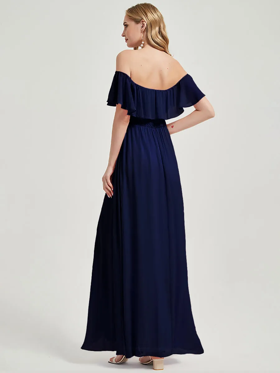 Navy Blue Convertible Ruffle Sleeves Chiffon Maxi Bridesmaid Dresses