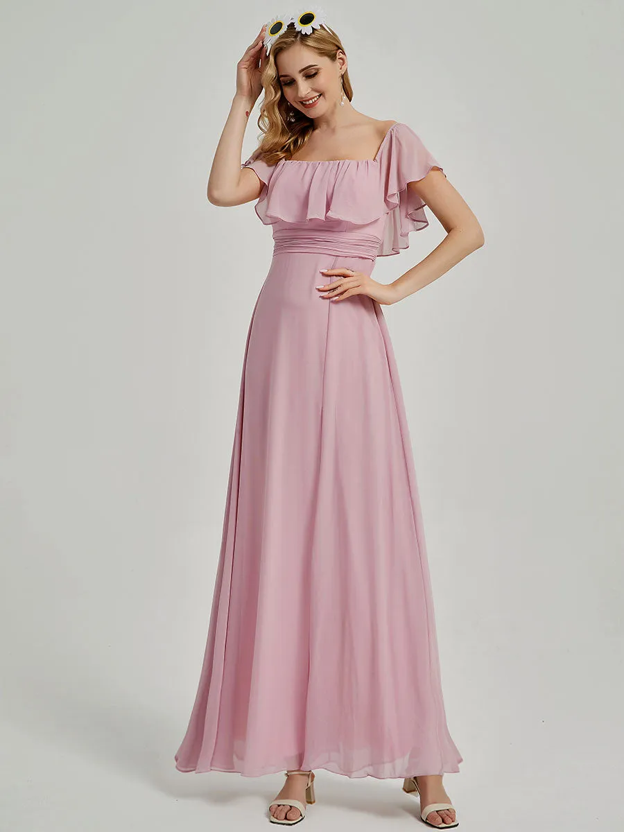 Navy Blue Convertible Ruffle Sleeves Chiffon Maxi Bridesmaid Dresses