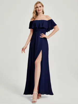 Navy Blue Convertible Ruffle Sleeves Chiffon Maxi Bridesmaid Dresses