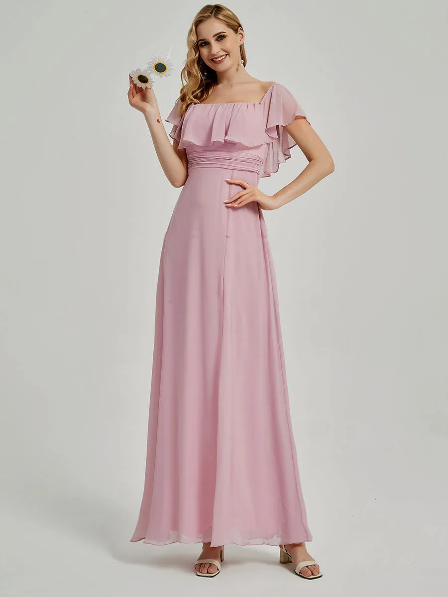 Navy Blue Convertible Ruffle Sleeves Chiffon Maxi Bridesmaid Dresses