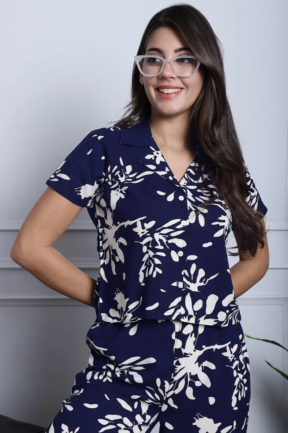 Navy Blue Floral Printed Viscose Rayon Night Suit for Women | S-XL | Claura