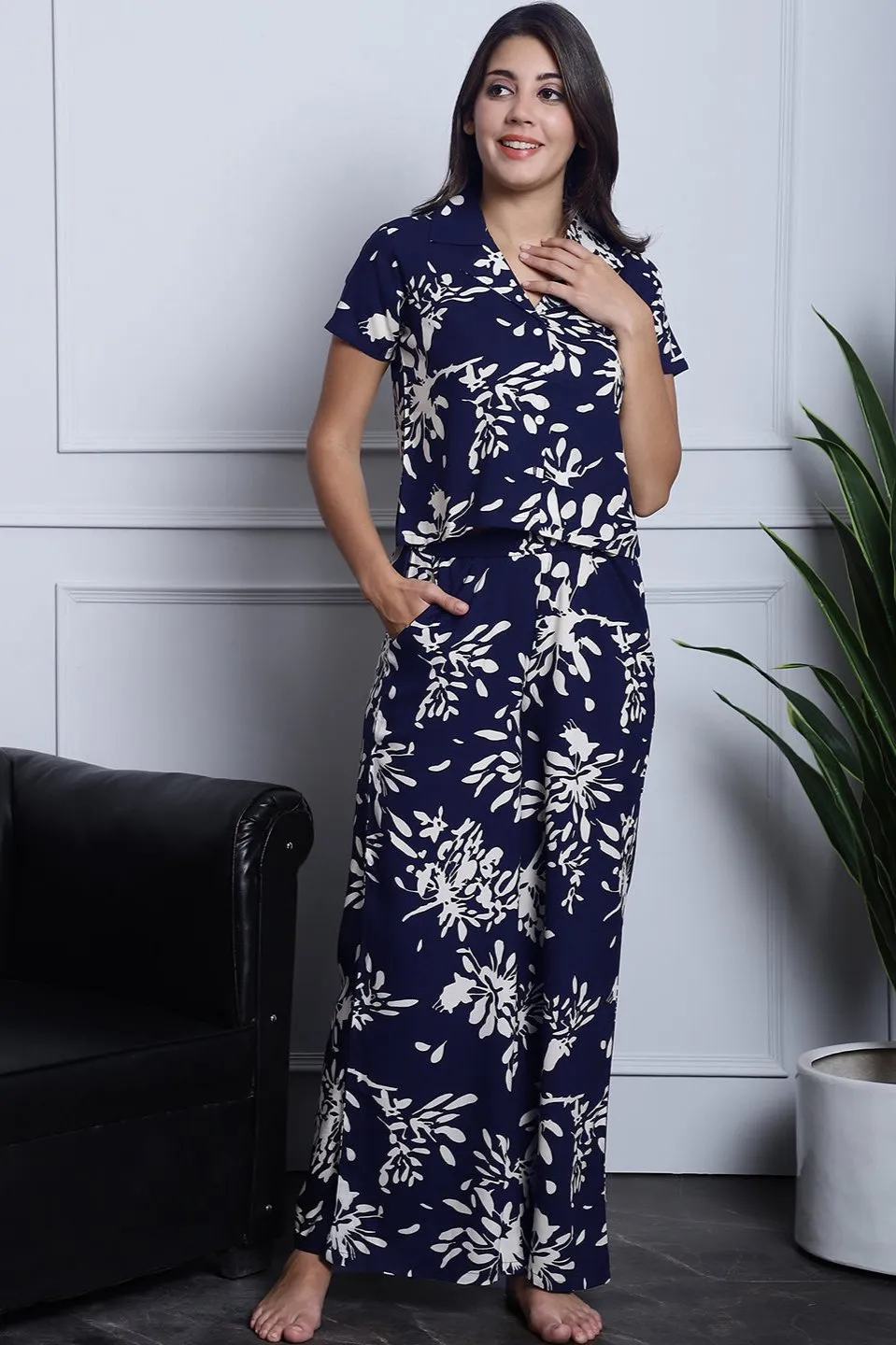 Navy Blue Floral Printed Viscose Rayon Night Suit for Women | S-XL | Claura