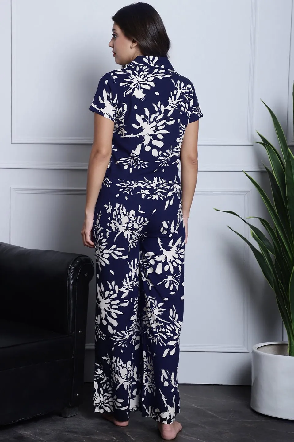 Navy Blue Floral Printed Viscose Rayon Night Suit for Women | S-XL | Claura