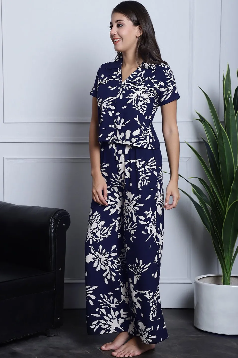 Navy Blue Floral Printed Viscose Rayon Night Suit for Women | S-XL | Claura