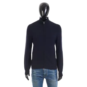 Navy Blue Full Zup Up Sweater - Regimental Knit Motif, Cashmere/Wool