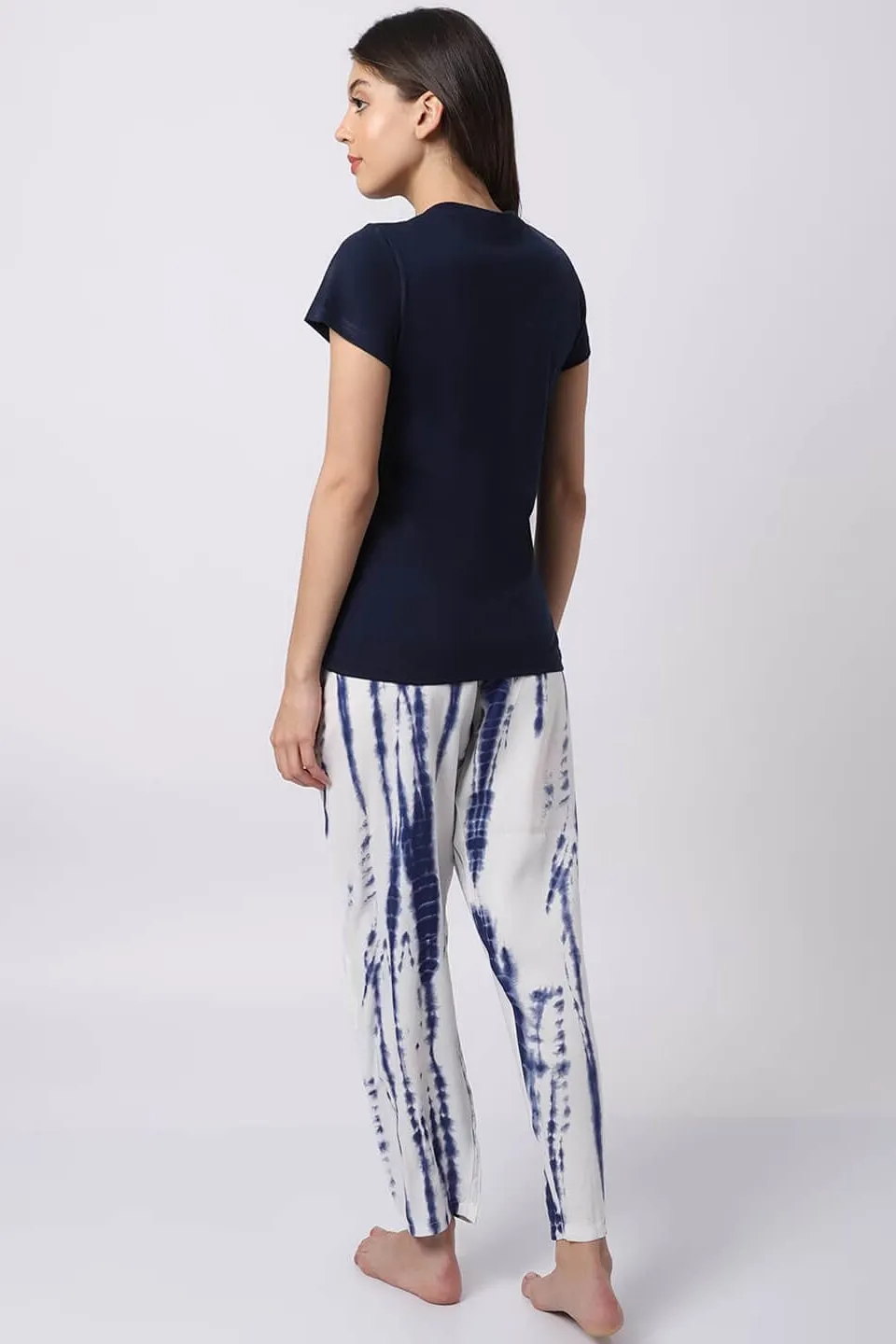 Navy Blue Tie-Dye Printed Viscose Rayon Night Suit for Women | S-XL | Claura