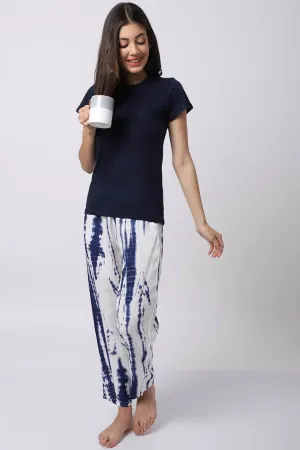 Navy Blue Tie-Dye Printed Viscose Rayon Night Suit for Women | S-XL | Claura