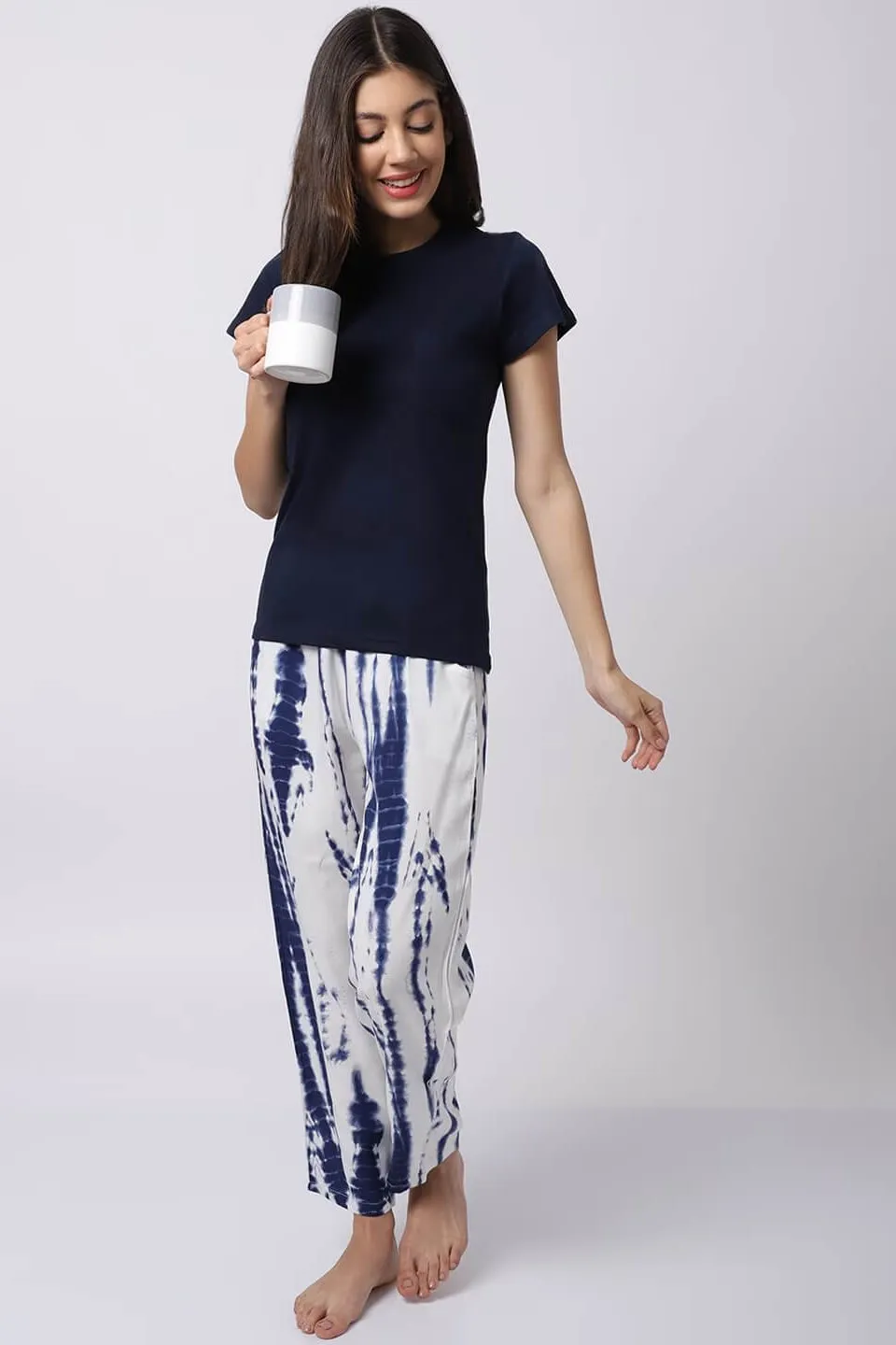 Navy Blue Tie-Dye Printed Viscose Rayon Night Suit for Women | S-XL | Claura