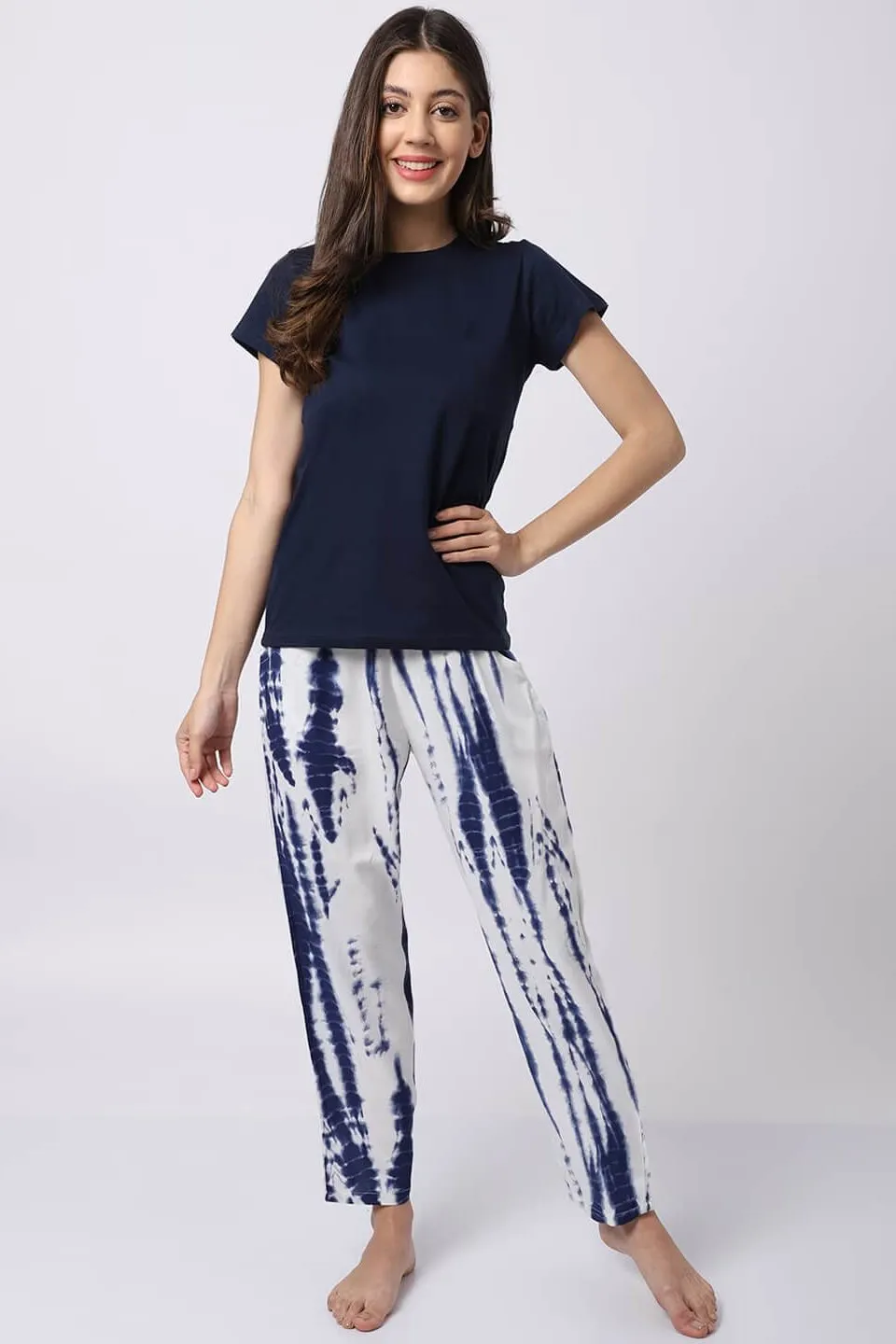 Navy Blue Tie-Dye Printed Viscose Rayon Night Suit for Women | S-XL | Claura