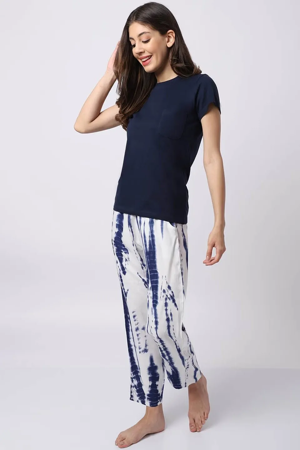 Navy Blue Tie-Dye Printed Viscose Rayon Night Suit for Women | S-XL | Claura