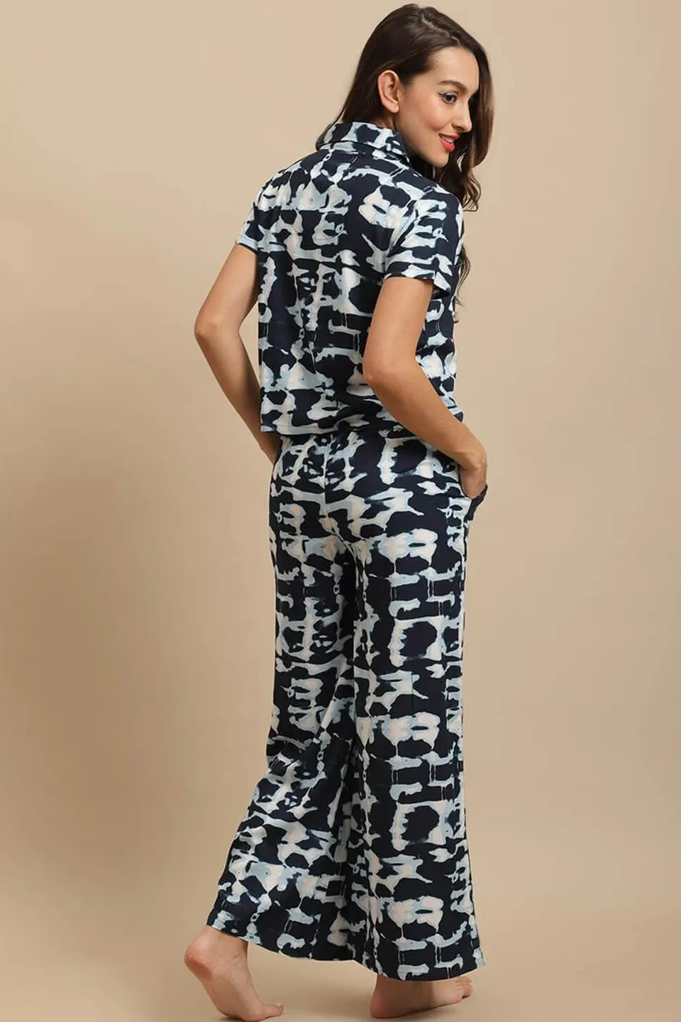 Navy Blue Tie-Dye Viscose Rayon Night Suit for Women | S-XL | Claura