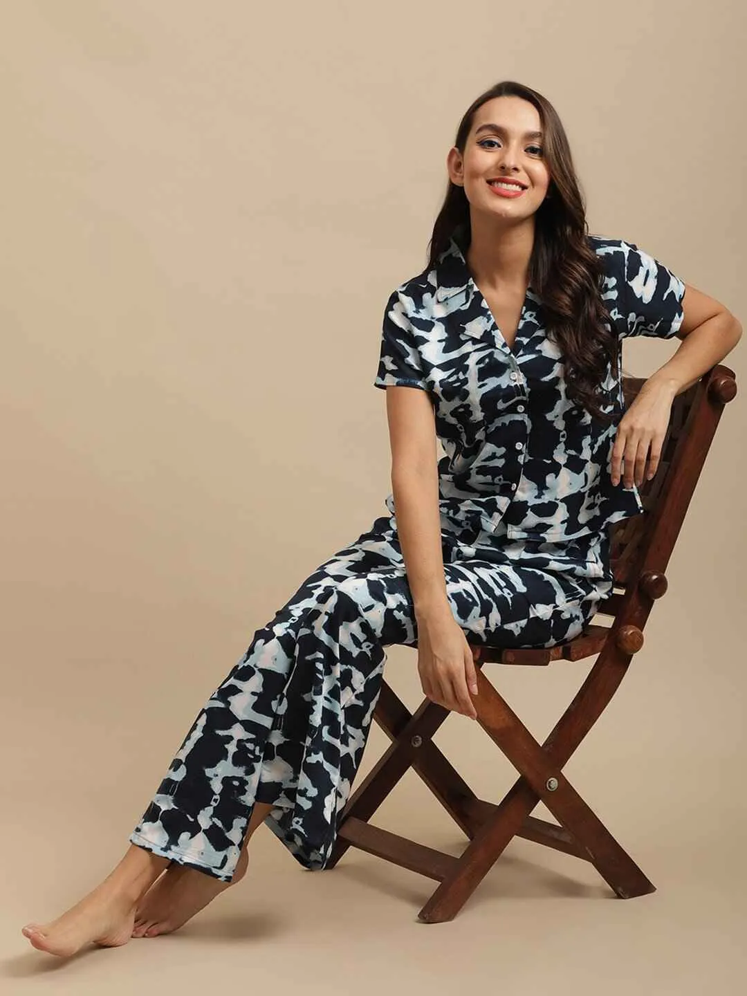 Navy Blue Tie-Dye Viscose Rayon Night Suit for Women | S-XL | Claura