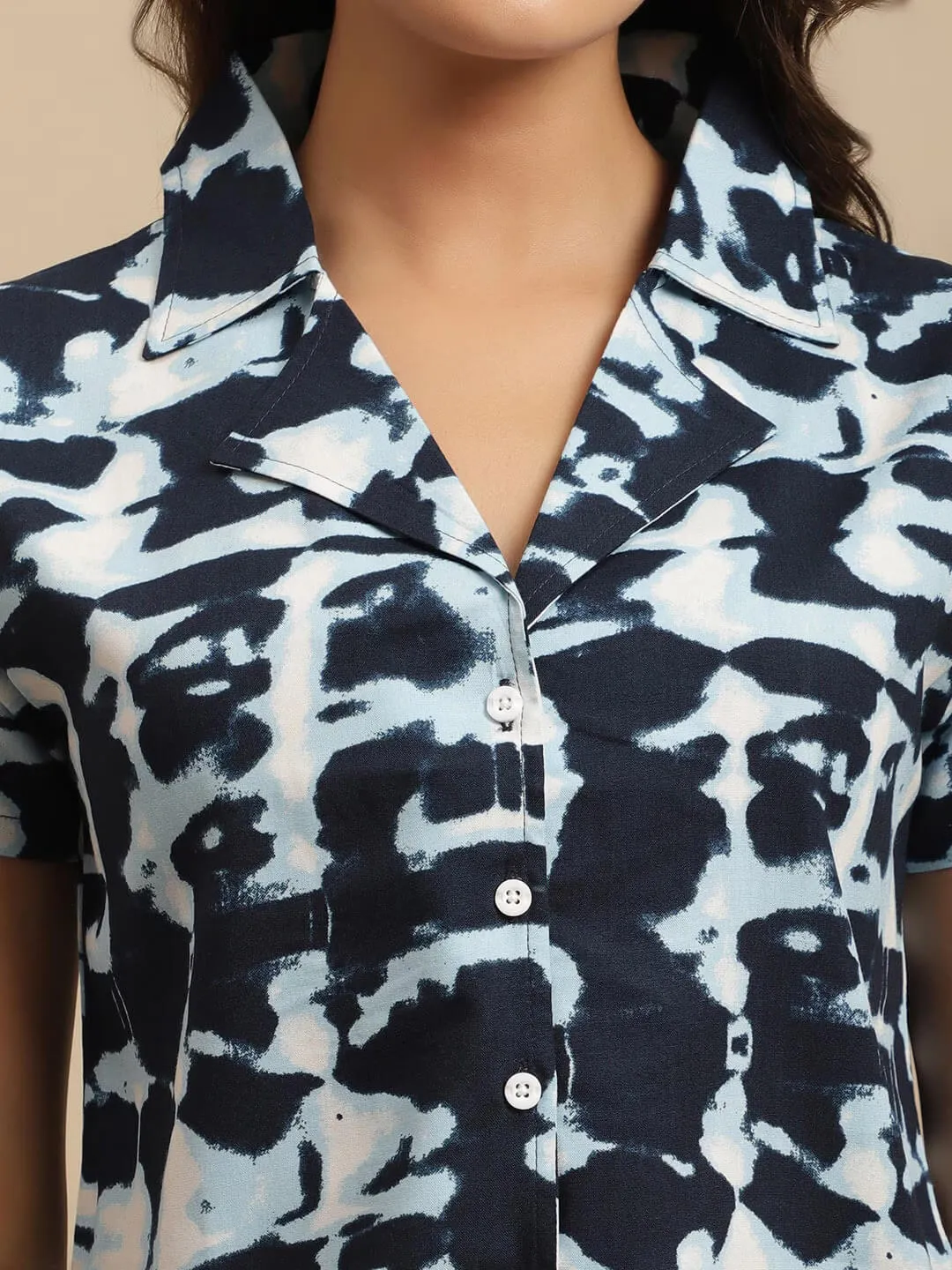 Navy Blue Tie-Dye Viscose Rayon Night Suit for Women | S-XL | Claura