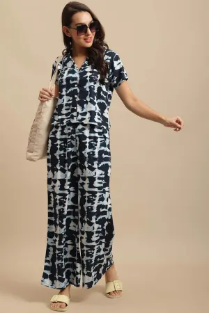 Navy Blue Tie-Dye Viscose Rayon Night Suit for Women | S-XL | Claura