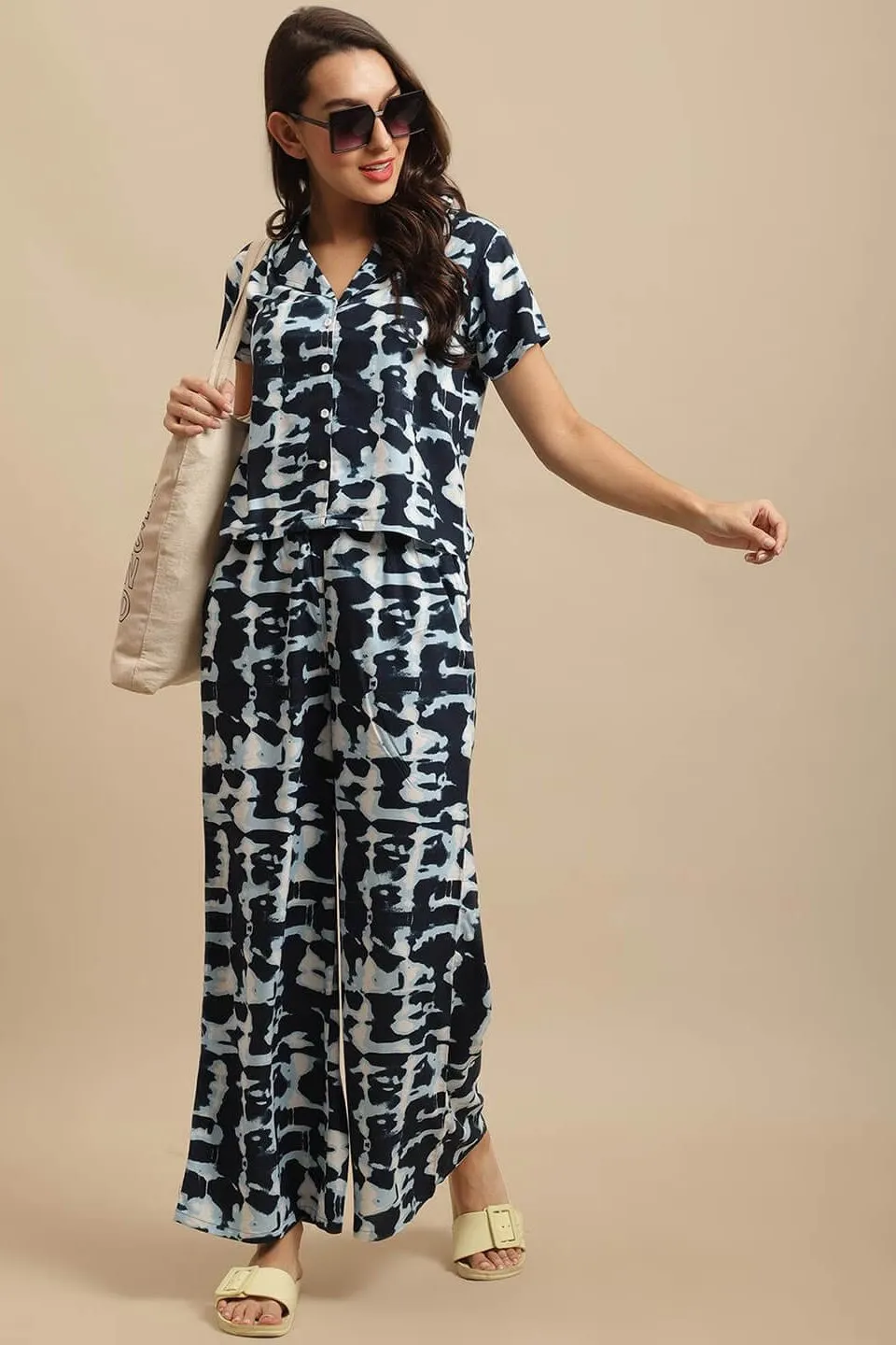 Navy Blue Tie-Dye Viscose Rayon Night Suit for Women | S-XL | Claura