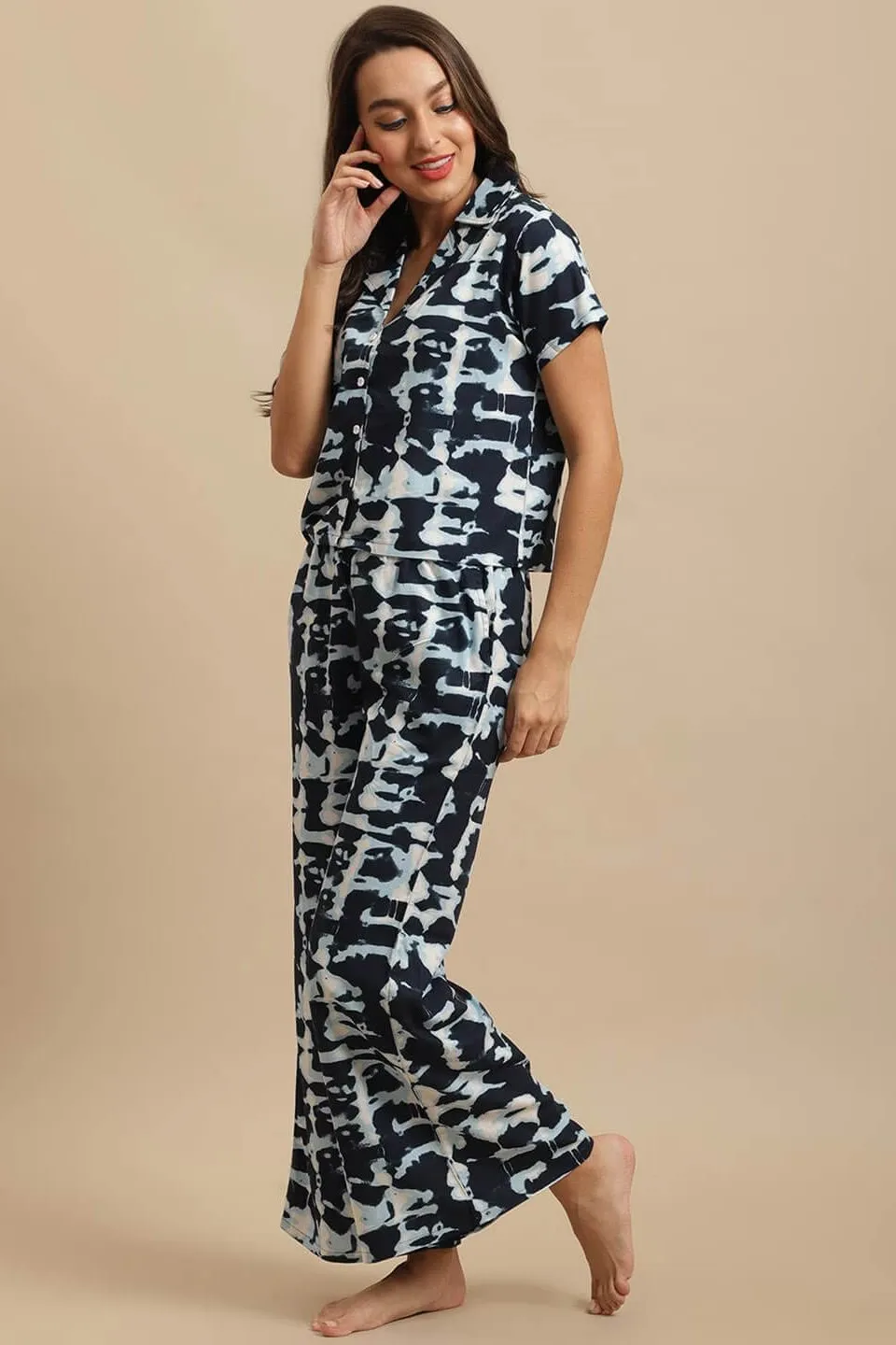 Navy Blue Tie-Dye Viscose Rayon Night Suit for Women | S-XL | Claura