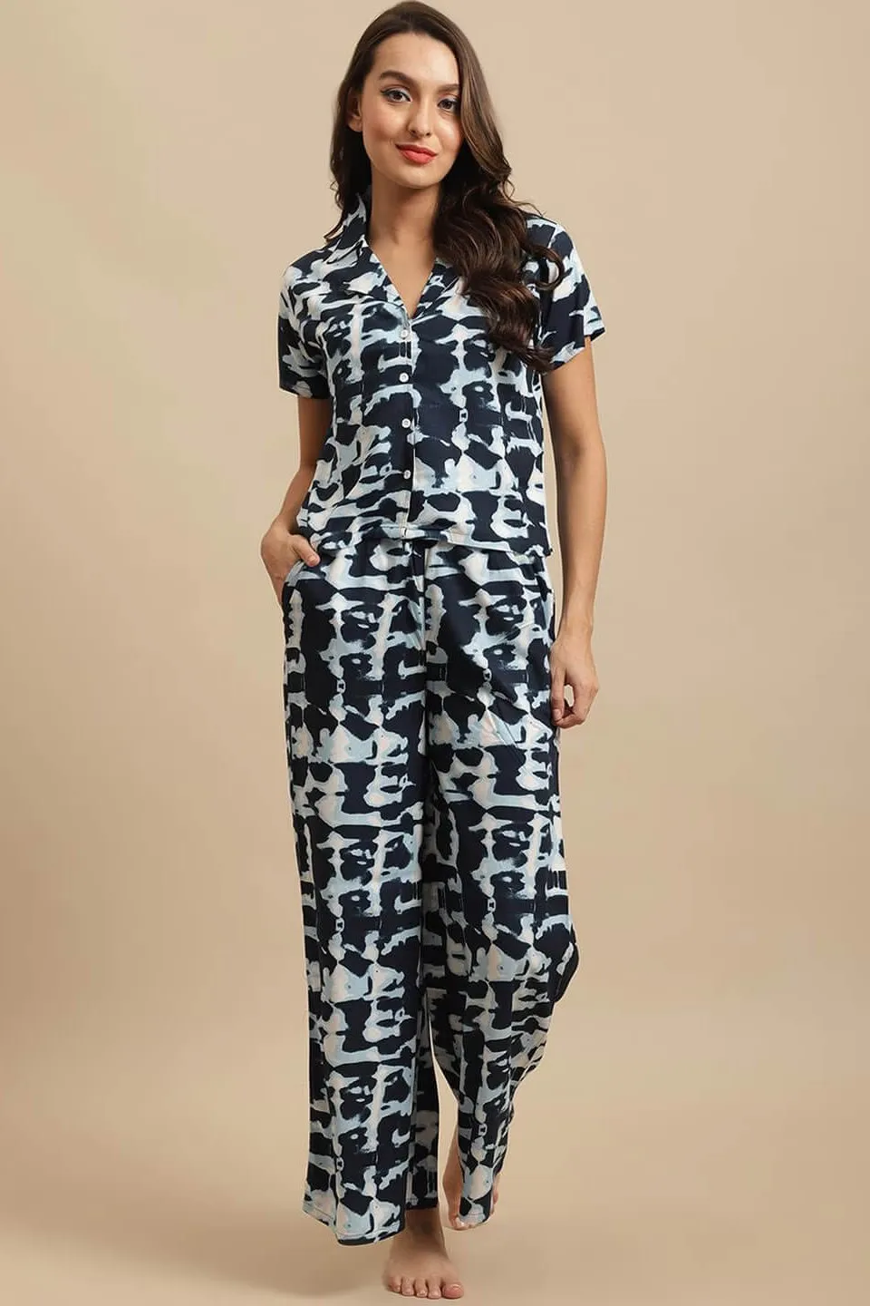Navy Blue Tie-Dye Viscose Rayon Night Suit for Women | S-XL | Claura