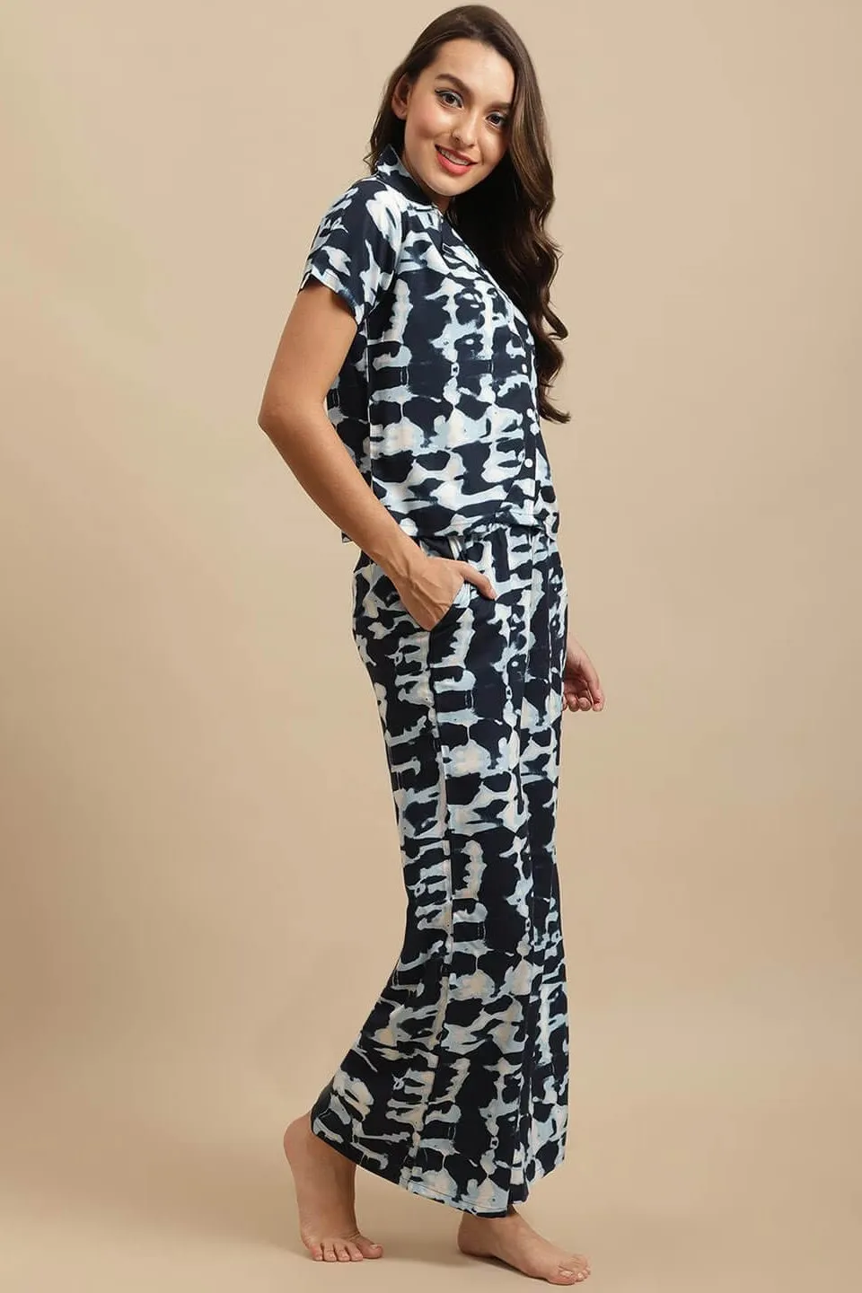 Navy Blue Tie-Dye Viscose Rayon Night Suit for Women | S-XL | Claura