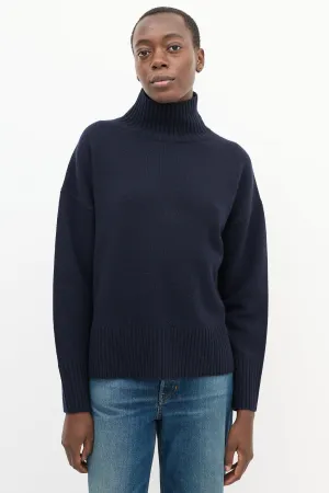 Navy Cashmere Knit Oversized High Neck Sweater