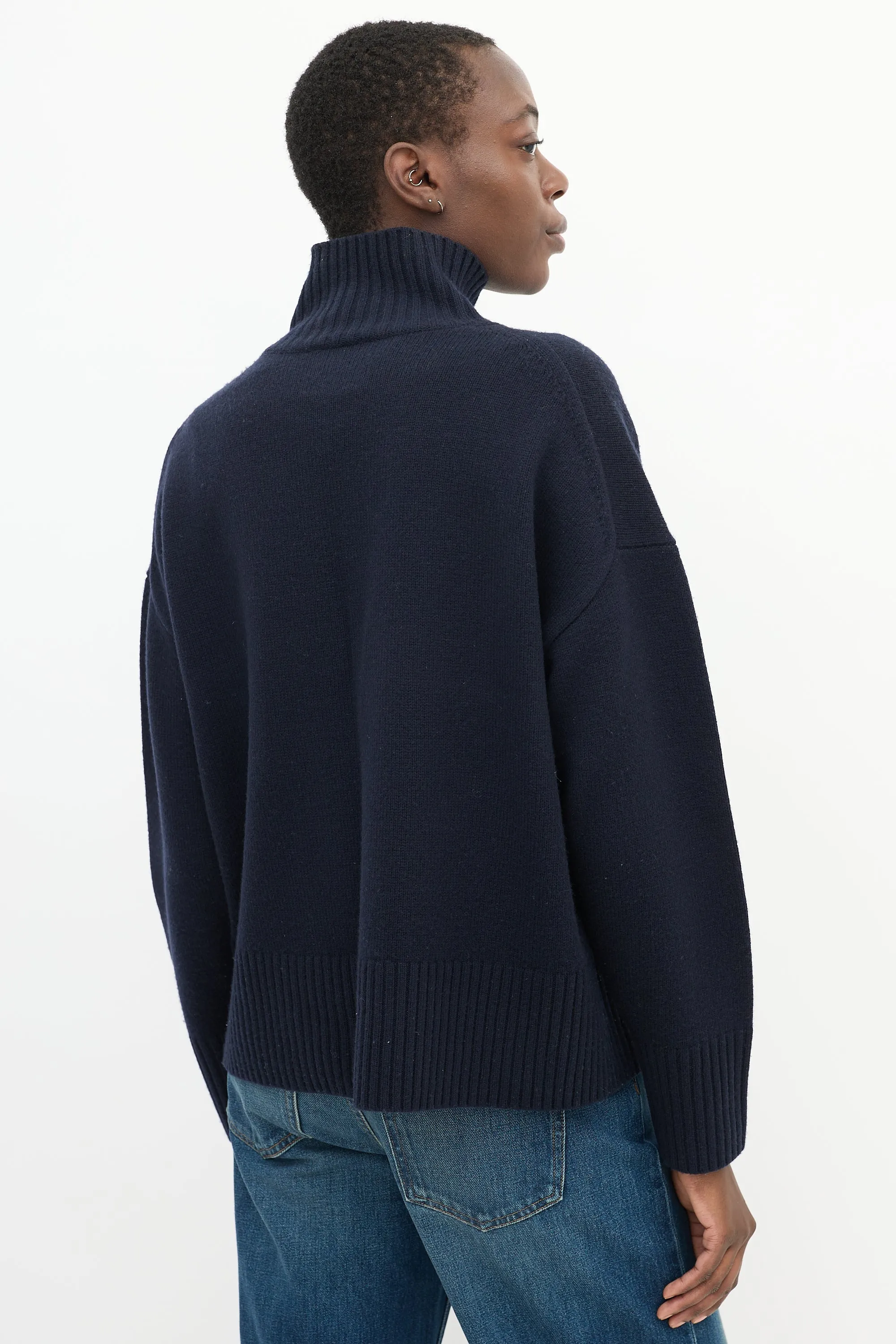 Navy Cashmere Knit Oversized High Neck Sweater