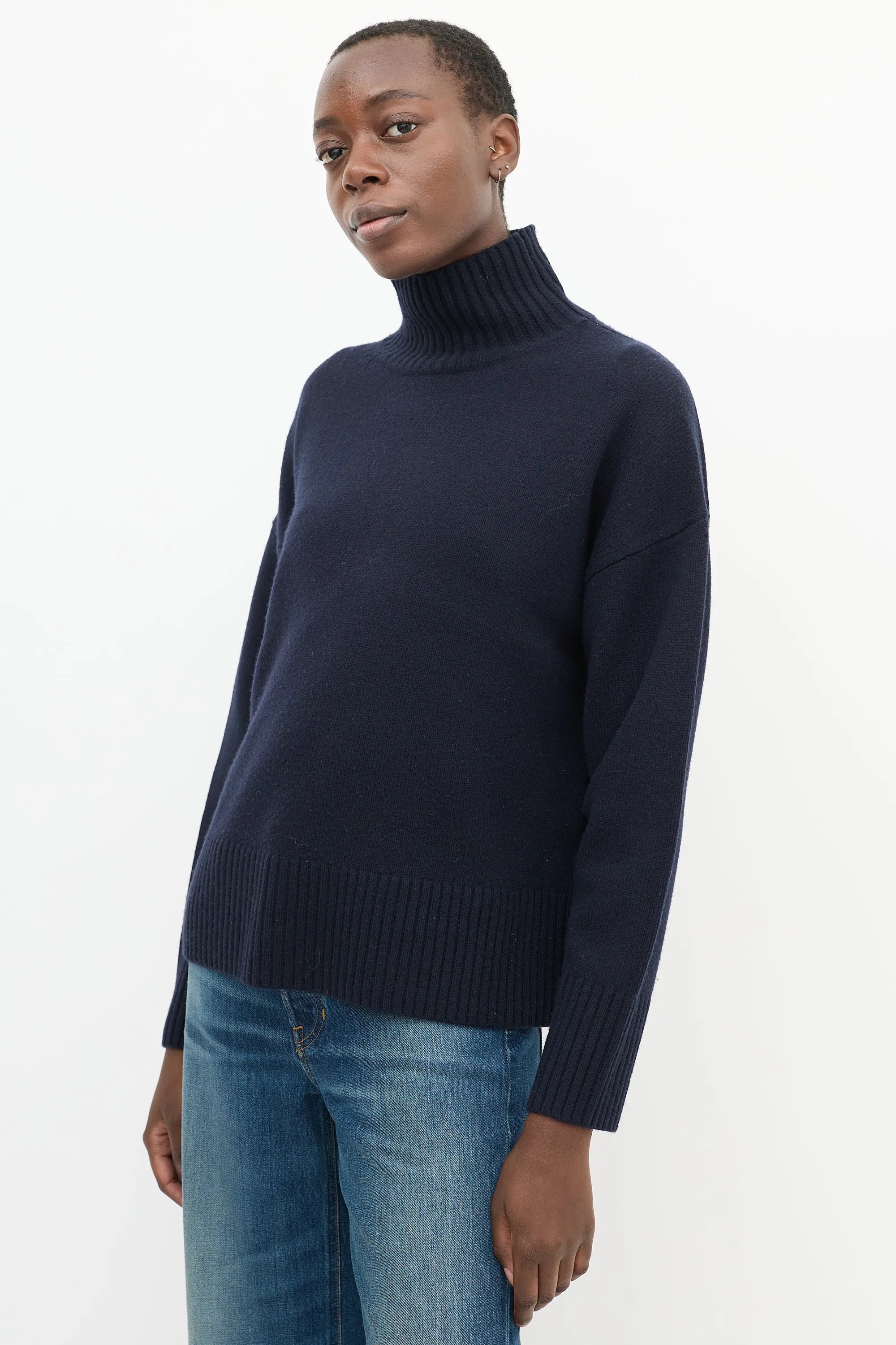 Navy Cashmere Knit Oversized High Neck Sweater