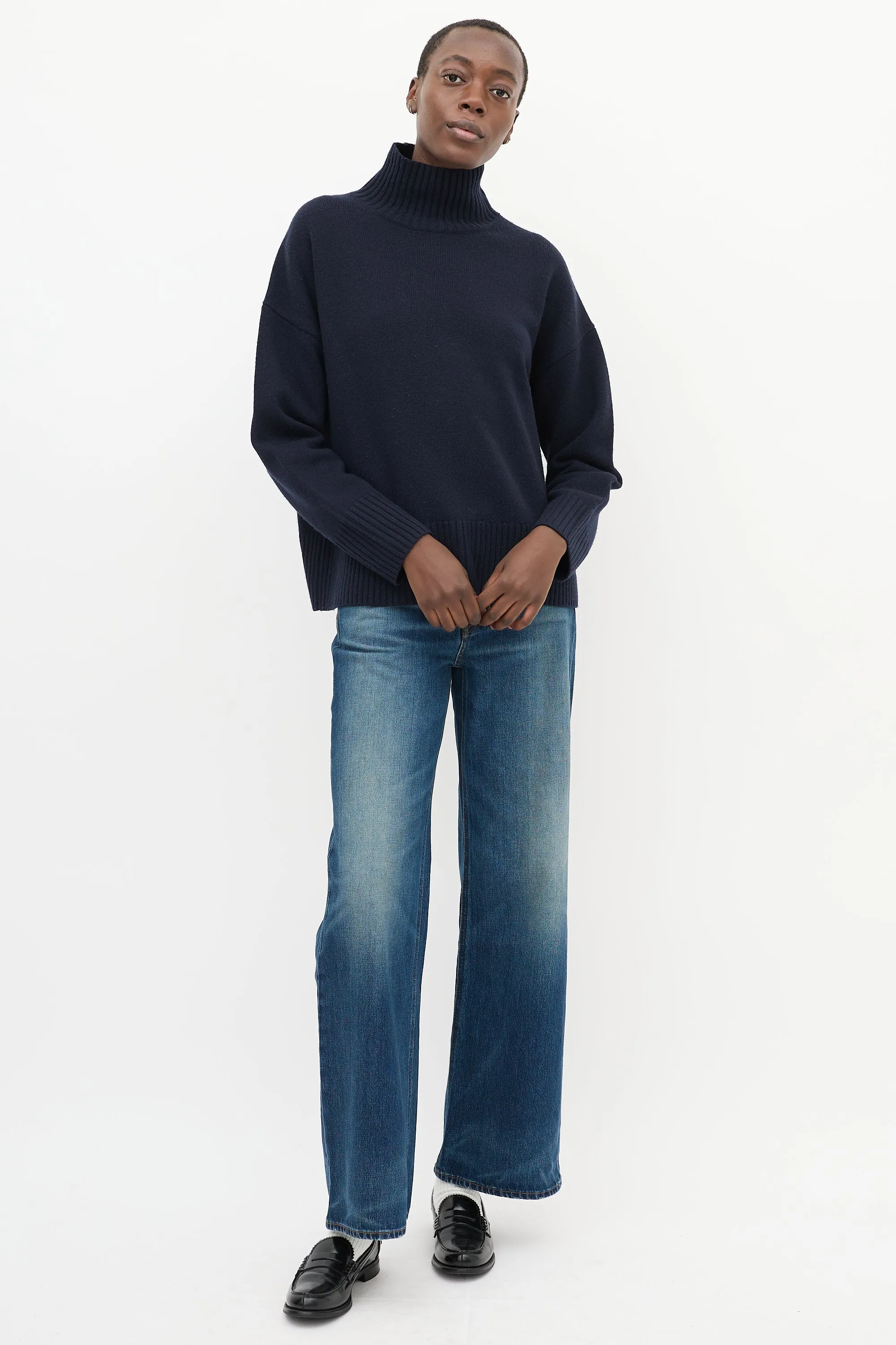 Navy Cashmere Knit Oversized High Neck Sweater
