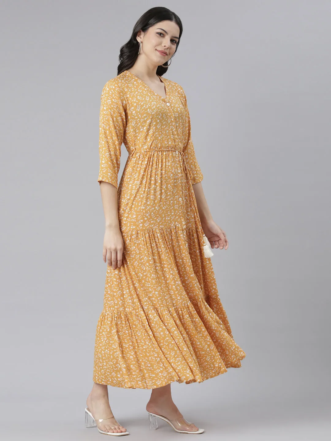 Neeru's Mustard Straight Casual Floral Dresses