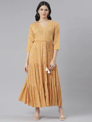 Neeru's Mustard Straight Casual Floral Dresses