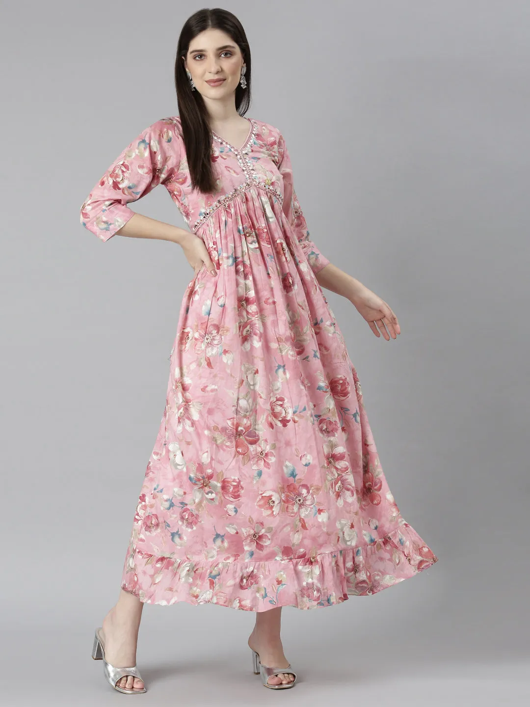 Neeru's Pink Straight Casual Floral Dresses