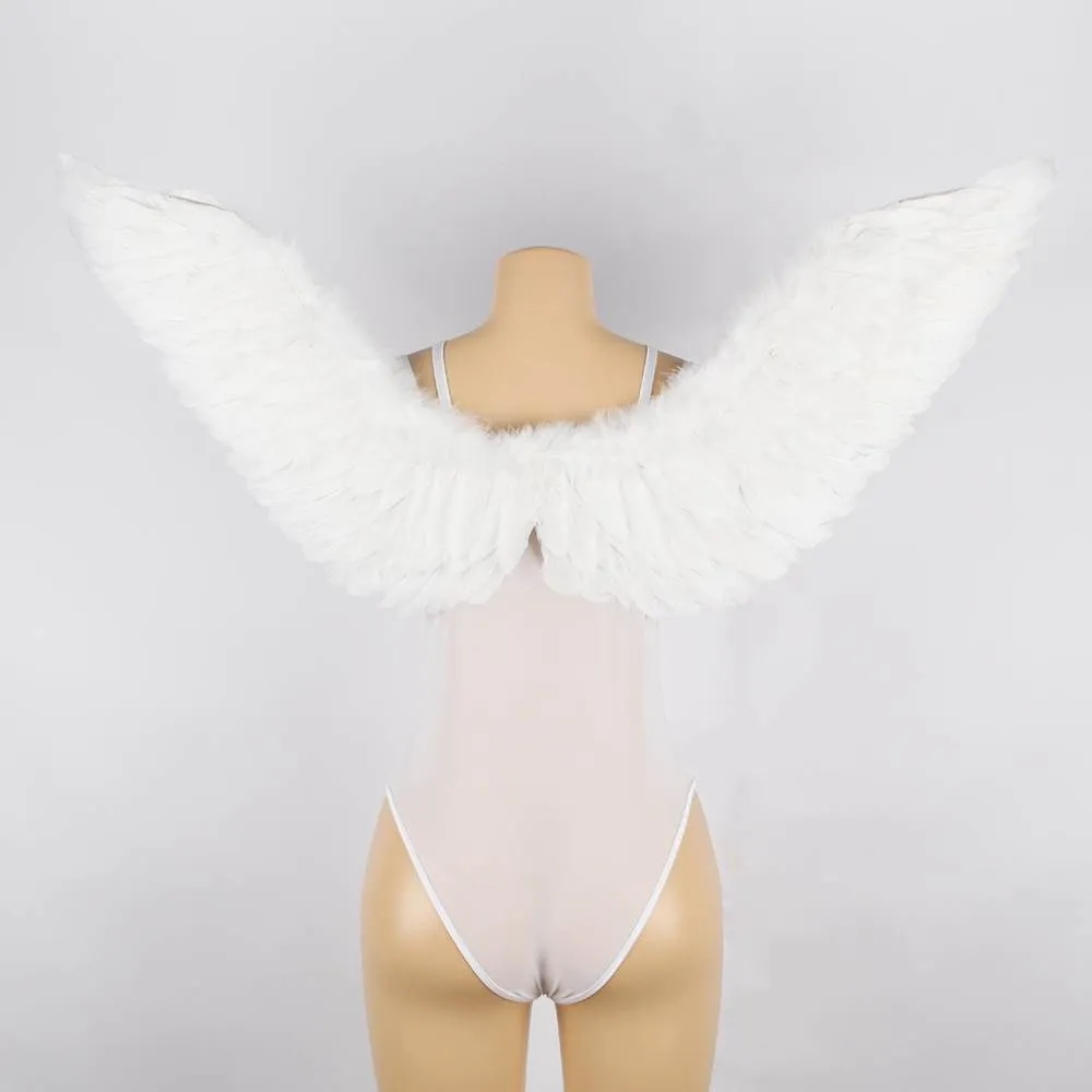 New Angel Feather Wings Decoration White & Black Lace Sexy Bodysuit