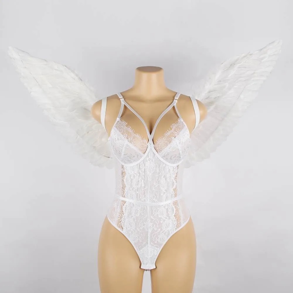 New Angel Feather Wings Decoration White & Black Lace Sexy Bodysuit