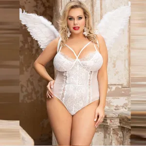New Angel Feather Wings Decoration White & Black Lace Sexy Bodysuit