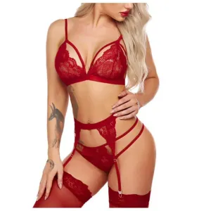 New Avidlove Women Lingerie Set Lace Teddy Strap Babydoll Bodysuit with Garter Belts (Dark Red, Large)