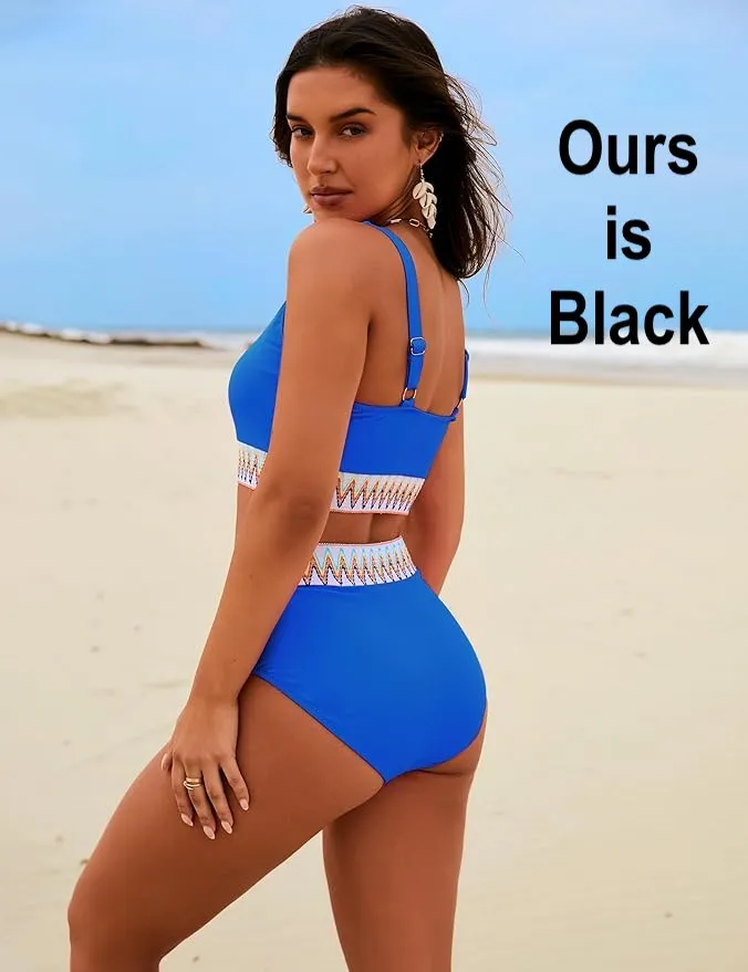 New FactME Women's High Waisted Bikini Sets Two Piece Bathing Suits High Cut Swimsuit Ours is Black NOT Blue, Sz XXL