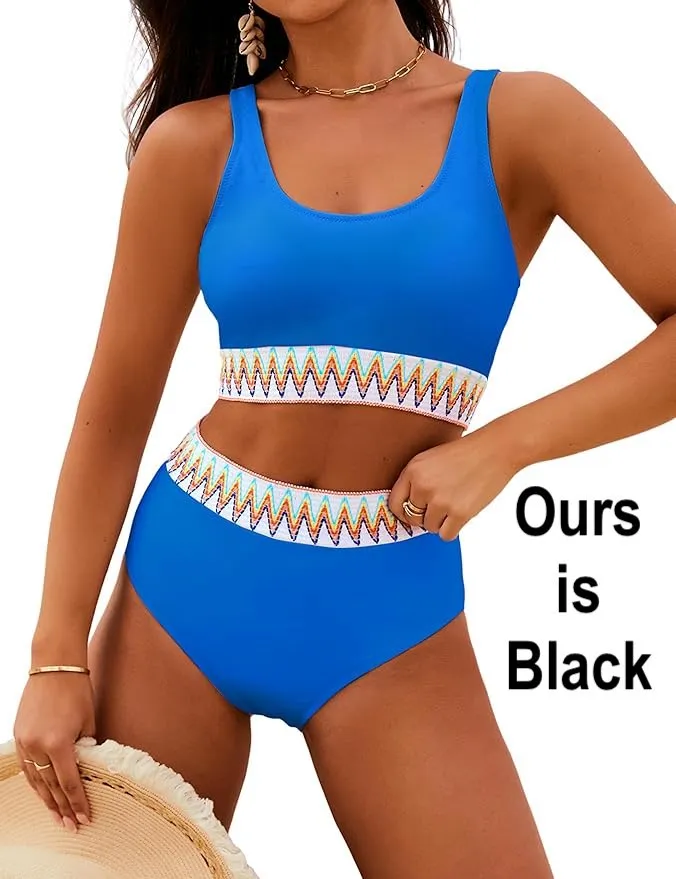 New FactME Women's High Waisted Bikini Sets Two Piece Bathing Suits High Cut Swimsuit Ours is Black NOT Blue, Sz XXL