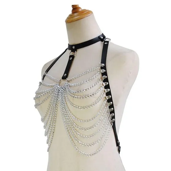 NEW! Leather Chest Harness Black Bra Caged Body Chain