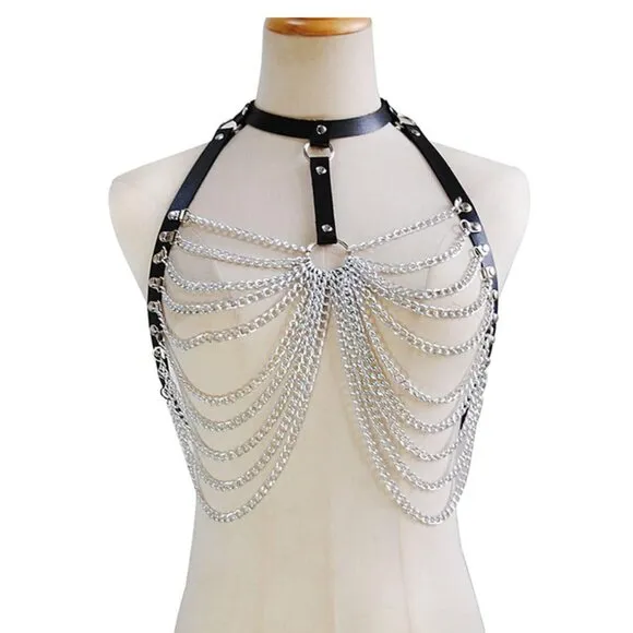 NEW! Leather Chest Harness Black Bra Caged Body Chain
