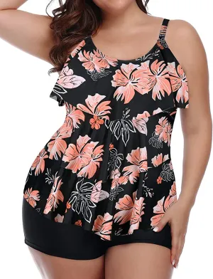 New New Yonique Women's Plus Size Tankini Swimsuit with Shorts In Coral Floral, Tag says 4X, fits like 1X/2X!