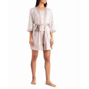 NEW NICOLE MILLER peached jersey three-piece sleepwear set in beige animal