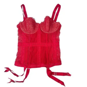 NEW Victoria Secret Lingerie Red Lace Sheer Boned Garter Corset Size 34B