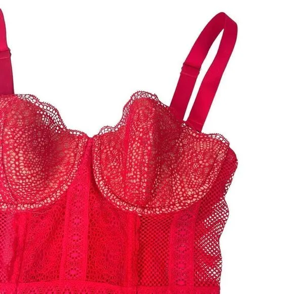 NEW Victoria Secret Lingerie Red Lace Sheer Boned Garter Corset Size 34B