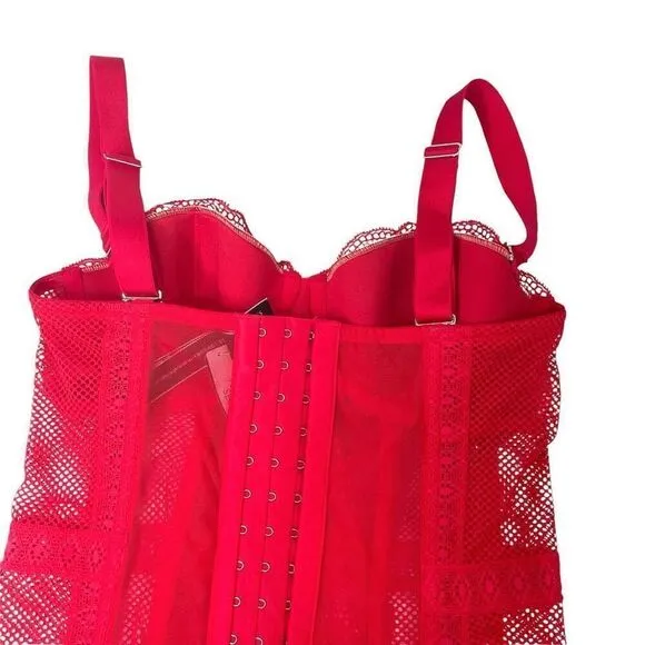 NEW Victoria Secret Lingerie Red Lace Sheer Boned Garter Corset Size 34B