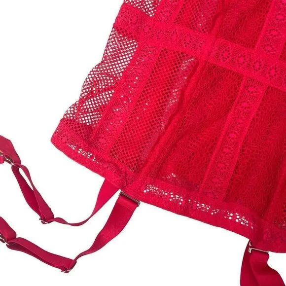 NEW Victoria Secret Lingerie Red Lace Sheer Boned Garter Corset Size 34B
