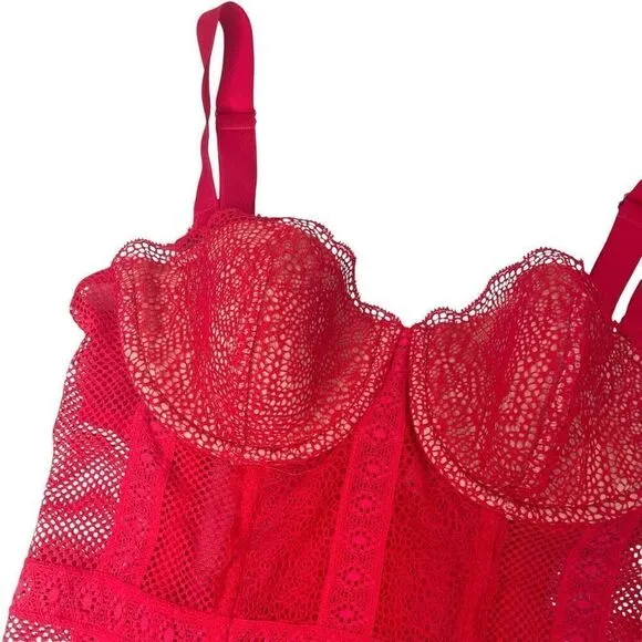 NEW Victoria Secret Lingerie Red Lace Sheer Boned Garter Corset Size 34B