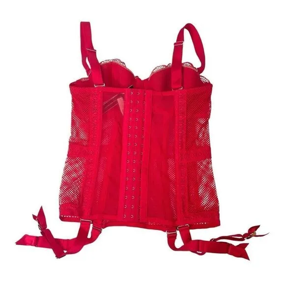 NEW Victoria Secret Lingerie Red Lace Sheer Boned Garter Corset Size 34B
