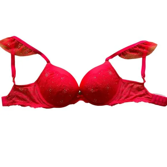 New Victoria's Secret Dream Angels Red Lace Embellished Sequin Push Up Bra 32DD