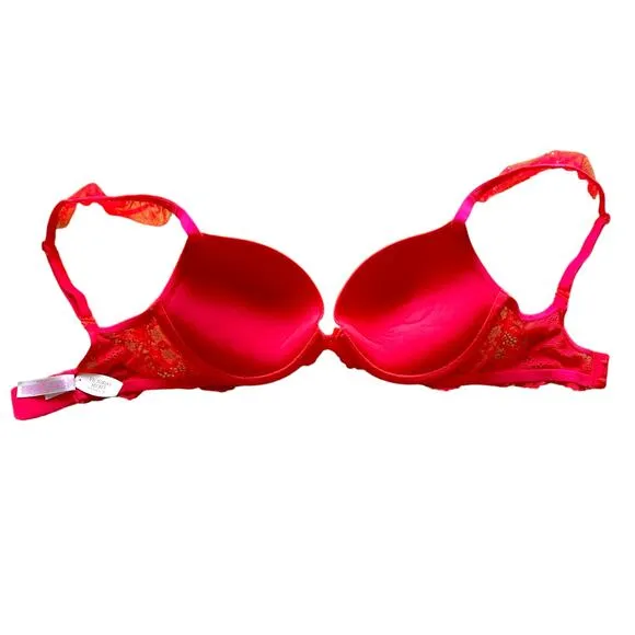 New Victoria's Secret Dream Angels Red Lace Embellished Sequin Push Up Bra 32DD